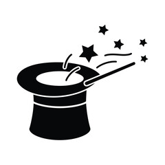 A black and white minimalist illustration of a top hat with a magic wand