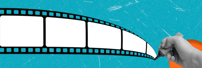 Art Collage, creative hand drawing on film tape on a bright blue background showing artistic...