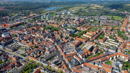 Arial view of the old town of the harbour city Vejle in Denmark on a sunny spring day