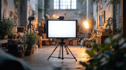 mobile phone on tripod with white display against vibrant studio background, vlogging and social media concept