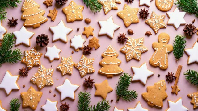 Christmas gingerbread cookies forming festive background with fir branches and spices.