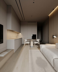 Modern light studio apartment with white walls. Wooden table, chairs in dining zone near kitchen. Open plan living room, minimalist interior design, furnished with sofa. Contemporary