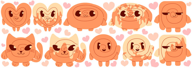 Cute set of cinnamon buns, funny cinnamon buns in simple flat style. Vector illustration