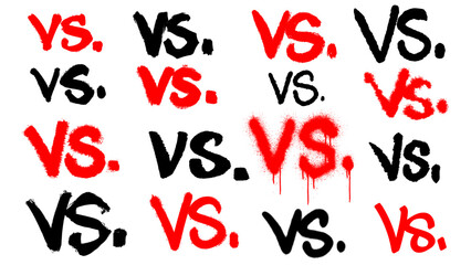 Hand-drawn lettering set featuring the word "VS" in 16 unique styles including graffiti tags and brush strokes. Rendered in black and red on transparent background, perfect for urban vector designs. © dirtyfellas
