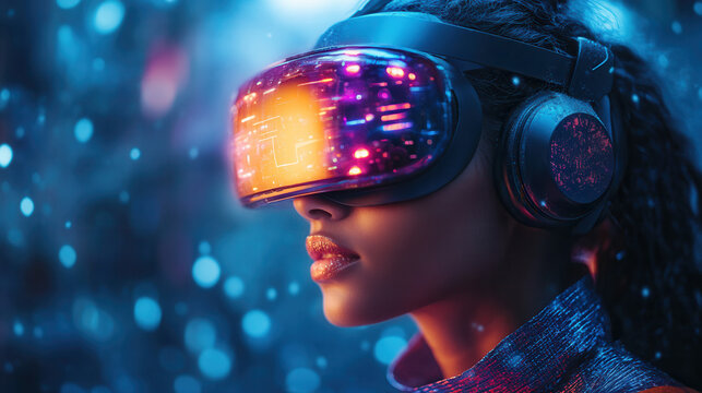 girl in virtual reality with neon holographic ui on vibrant yellow background 