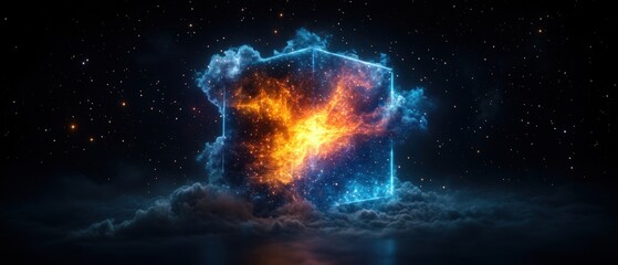 Stunning digital depiction of a fiery explosion cloud illuminated by vibrant blue energy in space scene
