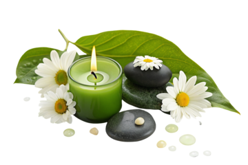 Spa still life with candle, stones and flowers for relaxation and wellness concept