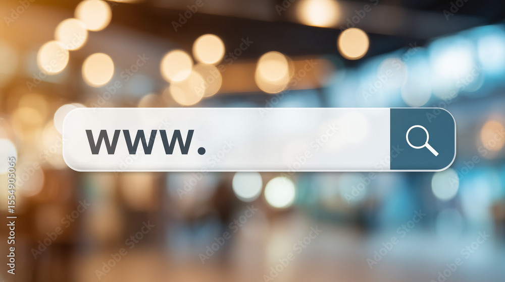 Poster search bar with www text and magnifying glass icon on an abstract bokeh background. represents inter