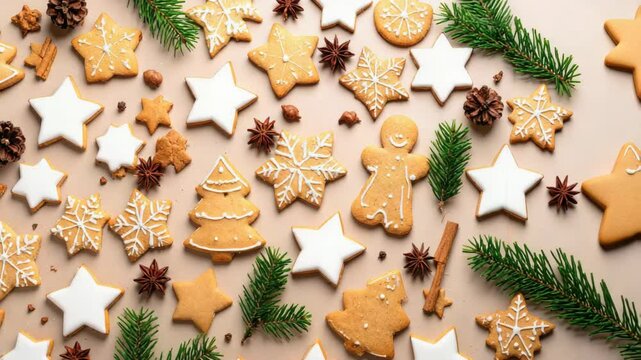 Flat lay of christmas gingerbread cookies decorated with white icing, forming a festive background.
