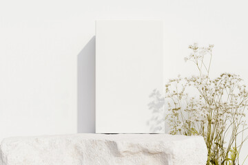 Minimal White Box Mockup on Stone Surface with Wildflowers
