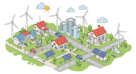 Sustainable city layout, eco-friendly homes, renewable energy