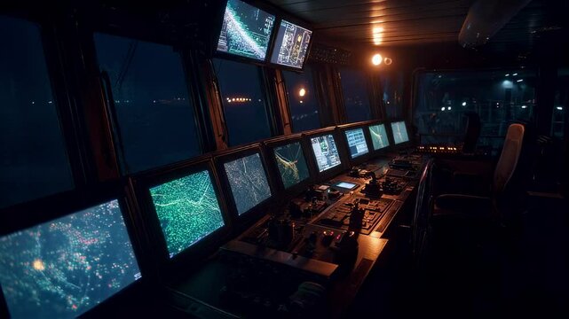 The bridge of a ship at night featuring multiple monitors with glowing night vision displays that highlight buoy locations channel markers and potential obstacles in stark contrast