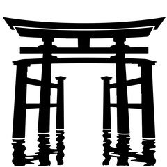 Black and White Torii Gate Silhouette, Japanese Shrine Illustration, Vector Design Element