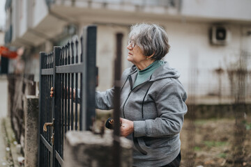 An elderly woman adjusts a black metal gate in an outdoor urban setting, wearing comfortable...
