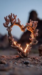 Heart-Shaped Burning Cactus at Dusk in a Desert Landscape