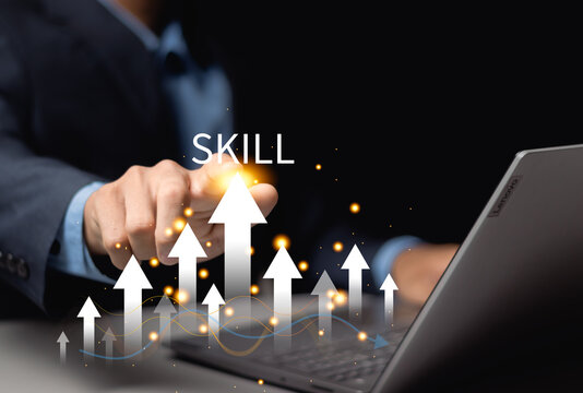 Up skill and personal development concept. businessperson pointing arrow to upskill or reskill, kill training, education, learning, ability, knowledge and competency for digital transformation.