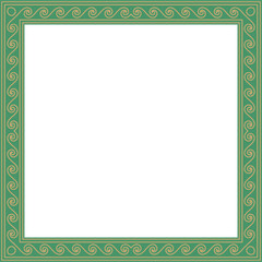 Vector gold with green classic Greek square ornament. Rectangle of Ancient Greece and Roman Empire. Byzantine painting of walls, floors and ceilings. Decoration of European palaces.
