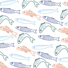 Seamless pattern with hand drawn sardine. Mediterranean vintage background. Nautical food print. Marine coastal wallpaper for wrapping paper, fabric and decor. 

