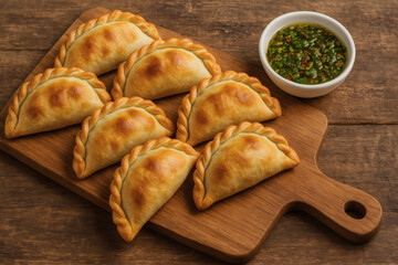Homemade Argentine empanadas served with traditional chimichurri sauce on wooden board rustic style