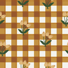 Tulip vector pattern, seamless repeating background, flat illustration. Pastel flower pattern with icons, floral wallpaper design for cards, fabric, wrapping, textiles, wallpaper, and stationery.