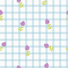 Lavender on a checked seamless pattern for the spring or summer season. Purple flowers botanical for fabric, scrapbooking, stationery, cards, wrapping, textiles and wallpaper.