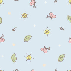 Cute weather and natural pattern featuring sun, butterfly, and leaves vector in a seamless natural theme design for clothing, textiles, card, stationery, phone cases, paper gifts, wallpaper, wrapping,