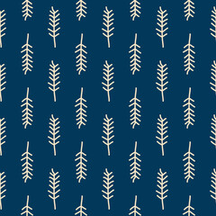 Seamless doodle pine leaves vector. Texture for winter and spring. Cute hand-drawn seamless pattern leaves background. Doodle leaves for seasonal design, textile, and greeting card.