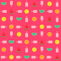 Ice cream and tropical fruits seamless pattern. Colorful summer cartoon fruit ice and fruits. Dessert sweet food for fabric, wrapping, textile, card, stationery, and phone cases.