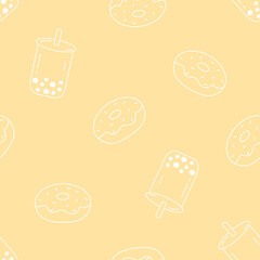 Seamless pattern donuts and brown sugar bubble milk tea cup. Food and beverage. Sweet boba tea and dessert for wrapping, textile, card, stationery, and phone cases.
