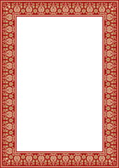 Vector square gold with red ancient Russian ornament. Slavic rectangle, border, frame. Painting of the royal chambers.

