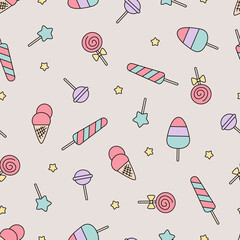 Ice cream and candy seamless pattern. Colorful summer cartoon lollipop and ice cream. Dessert sweet desert for fabric, wrapping, textile, card, stationery, and phone cases.