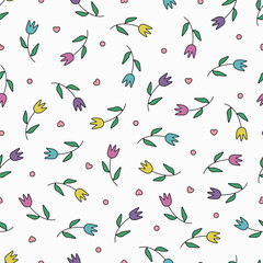 Tulip vector pattern, seamless repeating background, flat illustration. Pastel flower pattern with icons, floral wallpaper design for cards, fabric, wrapping, textiles, wallpaper, and stationery.