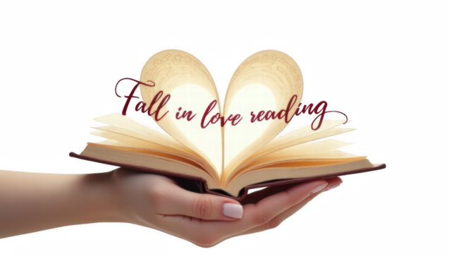 Hand holding an open book with heart-shaped pages on white background  