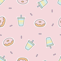 Seamless pattern donuts and a drink cup. Food and beverage. Sweet dessert for wrapping, textile, card, stationery, and phone cases.