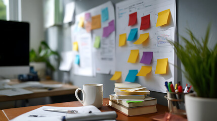 Bright Home Office Workspace with Colorful Sticky Notes and Organized Desk