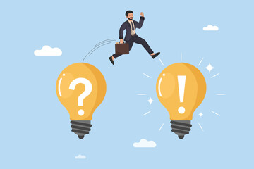 Businessman Jumps from Problem to Solution: Concept of Innovation, Breakthrough, and Finding Answers.