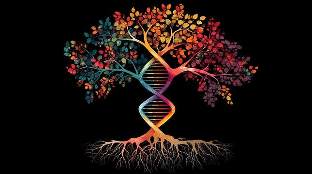 Vibrant DNA Helix Growing into Tree of Life with Roots on Black Background for Science Art 16&times;9, for technology PPT, corporate pitch, data report