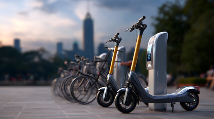 Electric Scooters and Bicycles Parked at a City Rental Station at Sunset