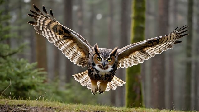 Eagle Owl Flying Over Forest