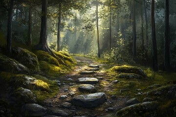 Obraz premium Sunlit path through a mossy forest