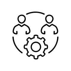 Collaboration concept with two people and gear icon in outline style  