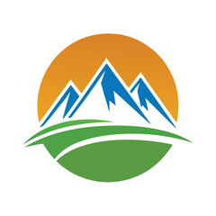 Obraz premium Blue jagged peaks rise above green rolling hills under an orange sky mountains