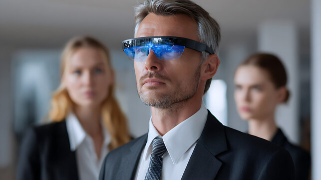 Focused Businessman Wearing Smart Glasses with Colleagues in Background