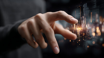 Hand Interacting with a Glowing Digital Cityscape