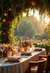 An elegant outdoor dinner table set for a romantic wedding reception or celebration, adorned with candles and flowers under a canopy of vines in warm sunset light.
