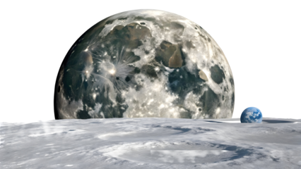 Lunar surface showcasing a detailed moonscape with craters and a distant Earth in the stark darkness of space.