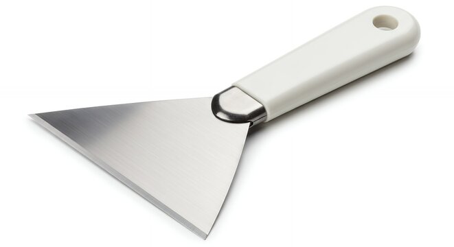 Triangular metal putty knife with white handle
