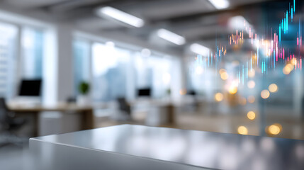 Modern Office Workspace with Holographic Stock Market Chart Overlay