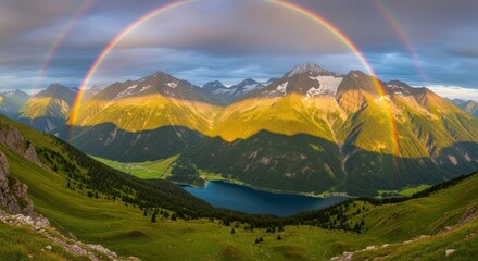 Obraz premium Majestic mountain range with a double rainbow arching over the peaks and valley.