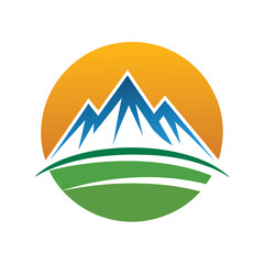 Majestic mountain peaks under a golden sun with green rolling hills orange